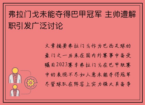 弗拉门戈未能夺得巴甲冠军 主帅遭解职引发广泛讨论 弗拉门戈未能夺得巴甲冠军 主帅遭解职引发广泛讨论