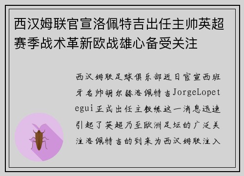 西汉姆联官宣洛佩特吉出任主帅英超赛季战术革新欧战雄心备受关注 西汉姆联官宣洛佩特吉出任主帅英超赛季战术革新欧战雄心备受关注